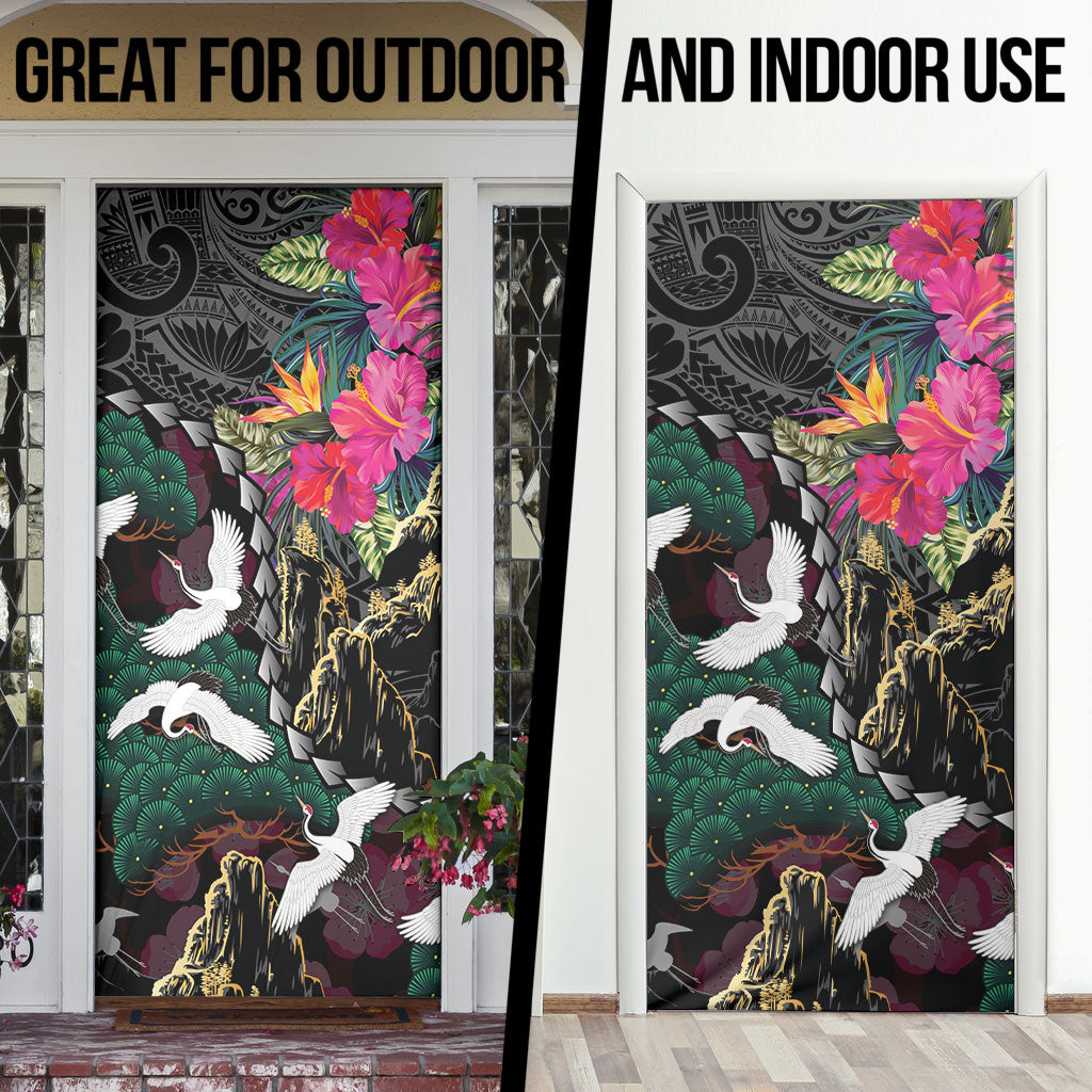 Hawaiian and Japanese Culture Door Cover Crane Sakura Hibiscus Tropical Vibes