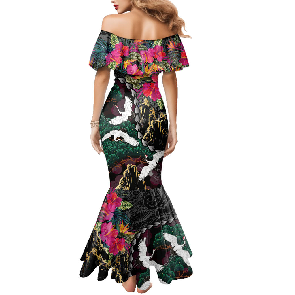 Hawaiian and Japanese Culture Family Matching Mermaid Dress and Hawaiian Shirt Crane Sakura Hibiscus Tropical Vibes