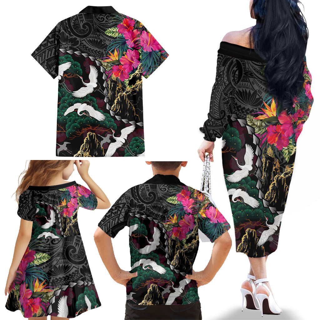 Hawaiian and Japanese Culture Family Matching Off The Shoulder Long Sleeve Dress and Hawaiian Shirt Crane Sakura Hibiscus Tropical Vibes