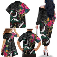 Hawaiian and Japanese Culture Family Matching Off The Shoulder Long Sleeve Dress and Hawaiian Shirt Crane Sakura Hibiscus Tropical Vibes