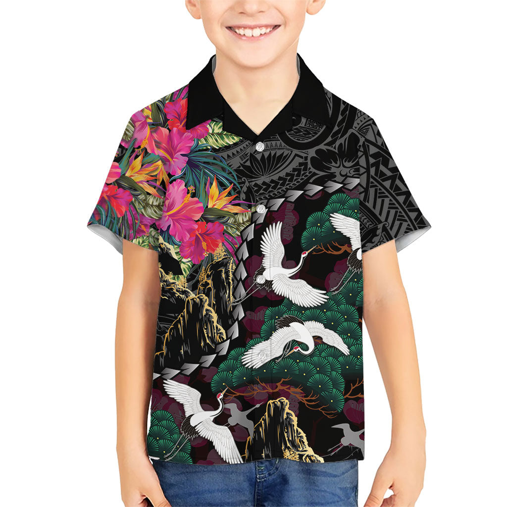 Hawaiian and Japanese Culture Family Matching Off The Shoulder Long Sleeve Dress and Hawaiian Shirt Crane Sakura Hibiscus Tropical Vibes