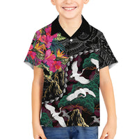 Hawaiian and Japanese Culture Family Matching Off The Shoulder Long Sleeve Dress and Hawaiian Shirt Crane Sakura Hibiscus Tropical Vibes