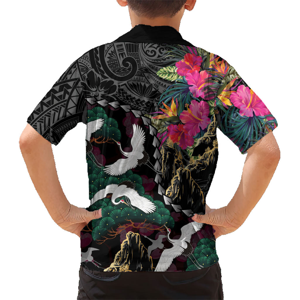 Hawaiian and Japanese Culture Family Matching Off Shoulder Maxi Dress and Hawaiian Shirt Crane Sakura Hibiscus Tropical Vibes