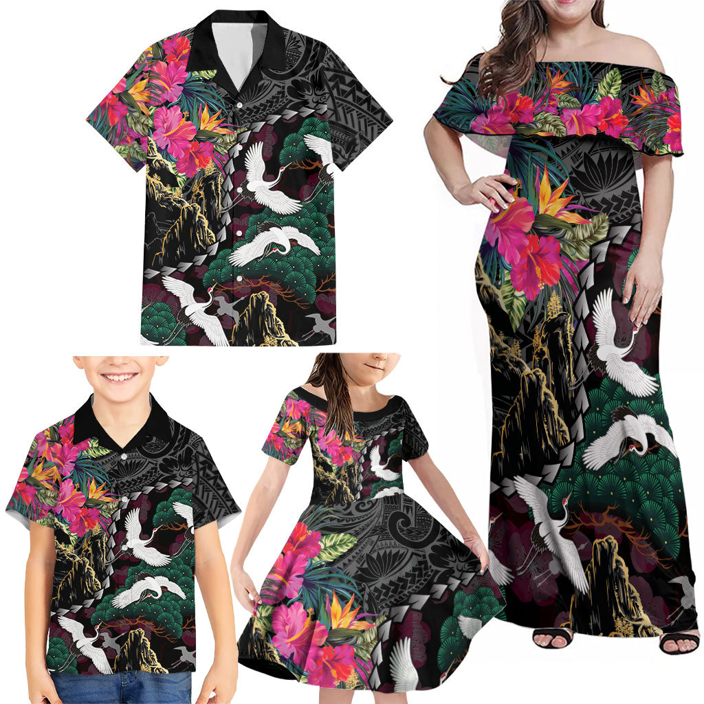 Hawaiian and Japanese Culture Family Matching Off Shoulder Maxi Dress and Hawaiian Shirt Crane Sakura Hibiscus Tropical Vibes
