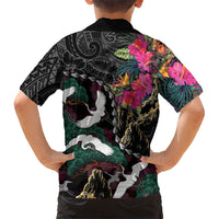 Hawaiian and Japanese Culture Family Matching Off Shoulder Short Dress and Hawaiian Shirt Crane Sakura Hibiscus Tropical Vibes