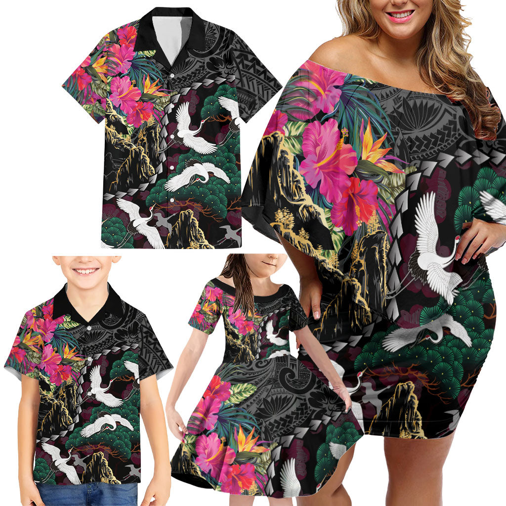 Hawaiian and Japanese Culture Family Matching Off Shoulder Short Dress and Hawaiian Shirt Crane Sakura Hibiscus Tropical Vibes