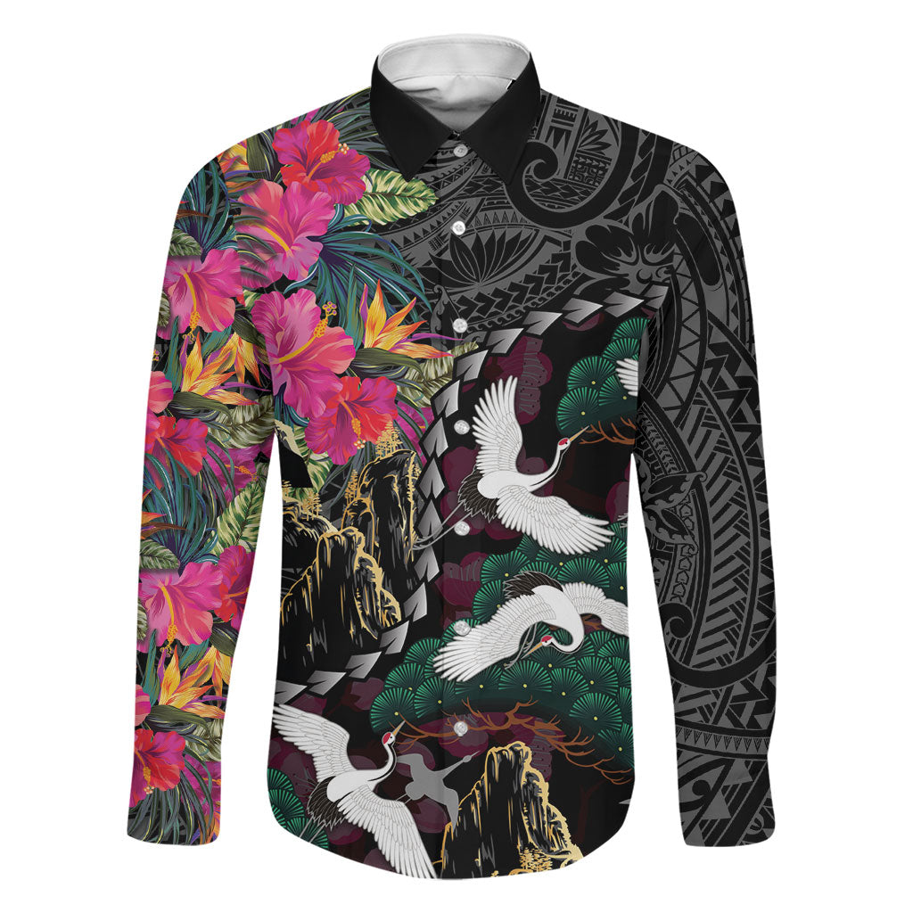 Hawaiian and Japanese Culture Family Matching Off Shoulder Short Dress and Hawaiian Shirt Crane Sakura Hibiscus Tropical Vibes