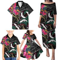 Hawaiian and Japanese Culture Family Matching Puletasi and Hawaiian Shirt Crane Sakura Hibiscus Tropical Vibes