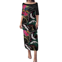 Hawaiian and Japanese Culture Family Matching Puletasi and Hawaiian Shirt Crane Sakura Hibiscus Tropical Vibes
