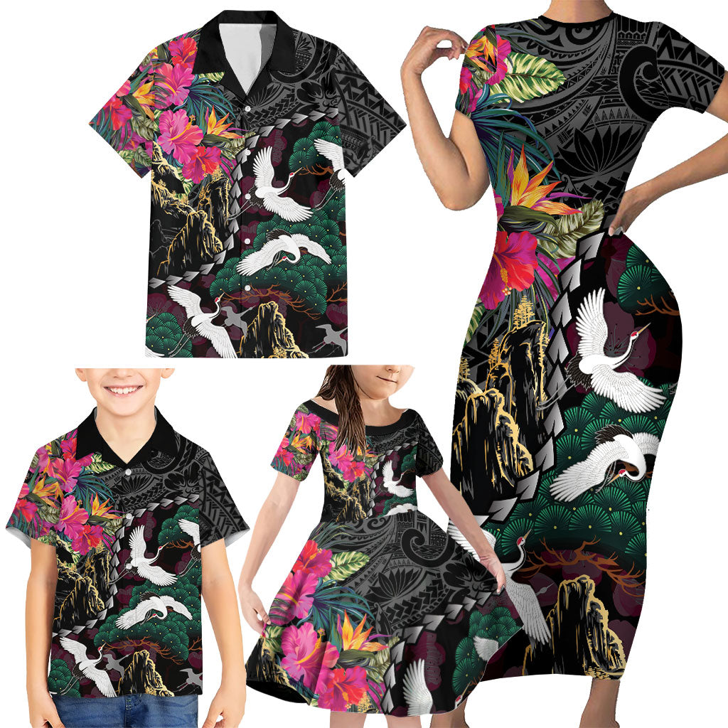 Hawaiian and Japanese Culture Family Matching Short Sleeve Bodycon Dress and Hawaiian Shirt Crane Sakura Hibiscus Tropical Vibes