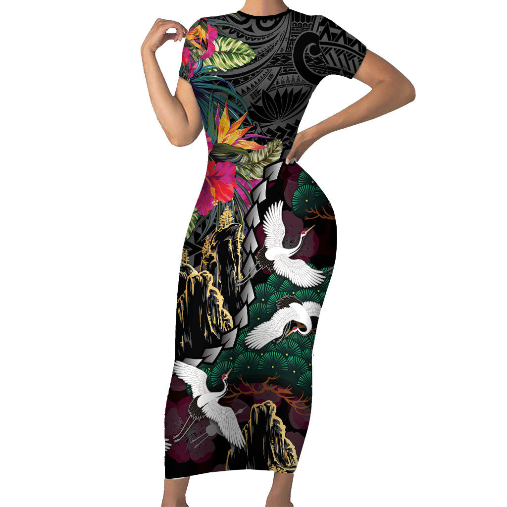 Hawaiian and Japanese Culture Family Matching Short Sleeve Bodycon Dress and Hawaiian Shirt Crane Sakura Hibiscus Tropical Vibes