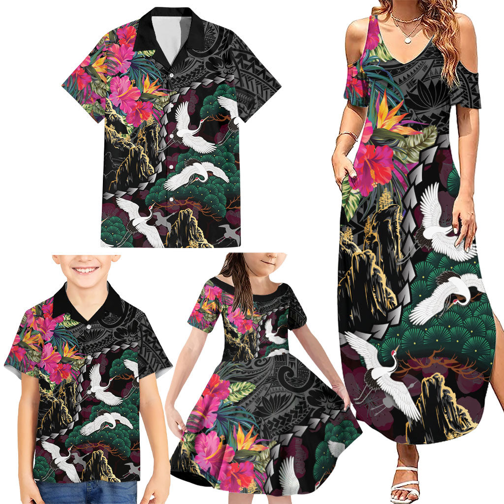 Hawaiian and Japanese Culture Family Matching Summer Maxi Dress and Hawaiian Shirt Crane Sakura Hibiscus Tropical Vibes