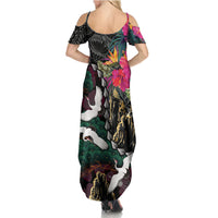 Hawaiian and Japanese Culture Family Matching Summer Maxi Dress and Hawaiian Shirt Crane Sakura Hibiscus Tropical Vibes