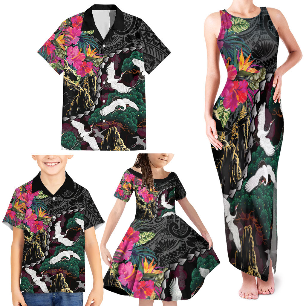 Hawaiian and Japanese Culture Family Matching Tank Maxi Dress and Hawaiian Shirt Crane Sakura Hibiscus Tropical Vibes