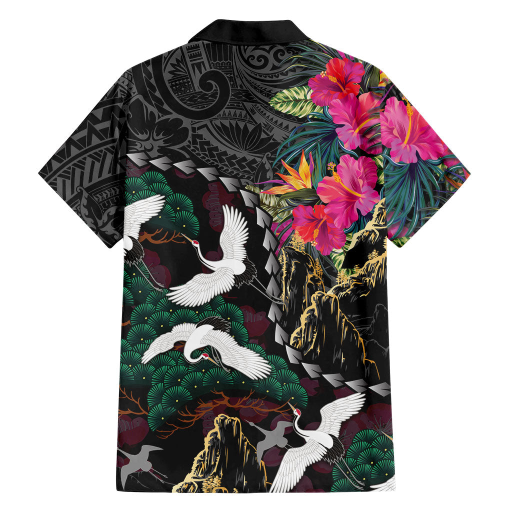 Hawaiian and Japanese Culture Family Matching Tank Maxi Dress and Hawaiian Shirt Crane Sakura Hibiscus Tropical Vibes