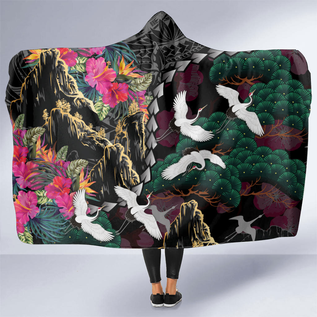 Hawaiian and Japanese Culture Hooded Blanket Crane Sakura Hibiscus Tropical Vibes