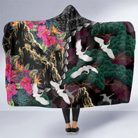 Hawaiian and Japanese Culture Hooded Blanket Crane Sakura Hibiscus Tropical Vibes