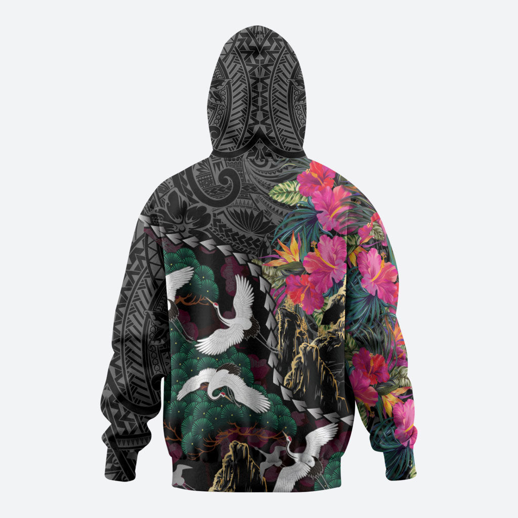 Hawaiian and Japanese Culture Hoodie Crane Sakura Hibiscus Tropical Vibes