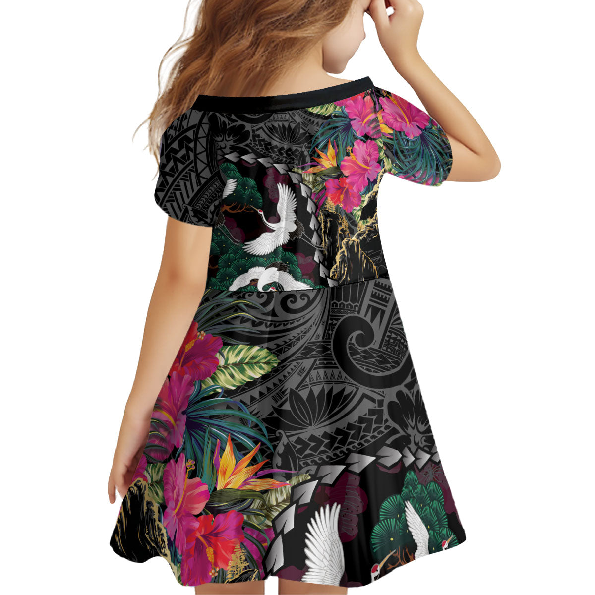 Hawaiian and Japanese Culture Kid Short Sleeve Dress Crane Sakura Hibiscus Tropical Vibes