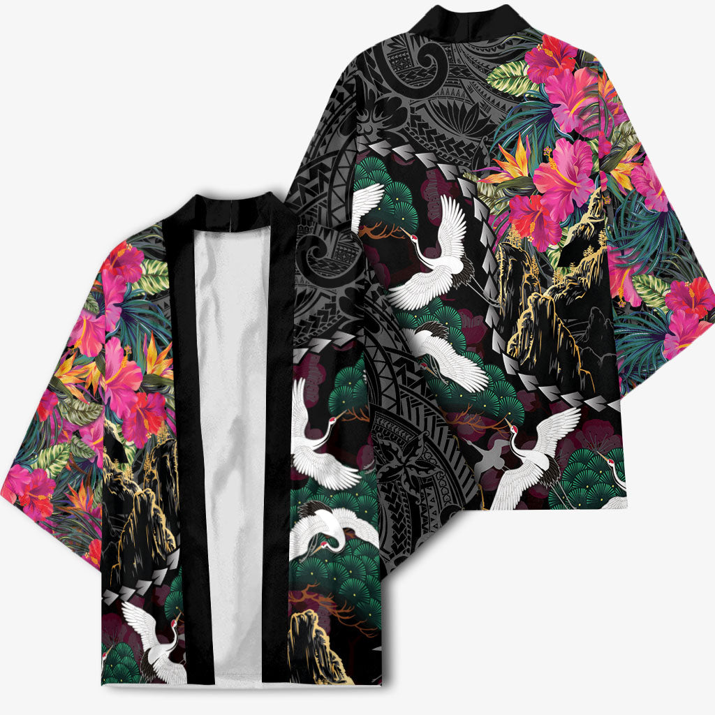 Hawaiian and Japanese Culture Kimono Crane Sakura Hibiscus Tropical Vibes