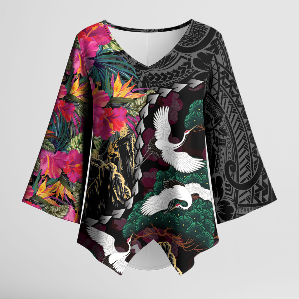 Hawaiian and Japanese Culture Kimono Sleeve Blouse Crane Sakura Hibiscus Tropical Vibes LT14 Female Black - Polynesian Pride
