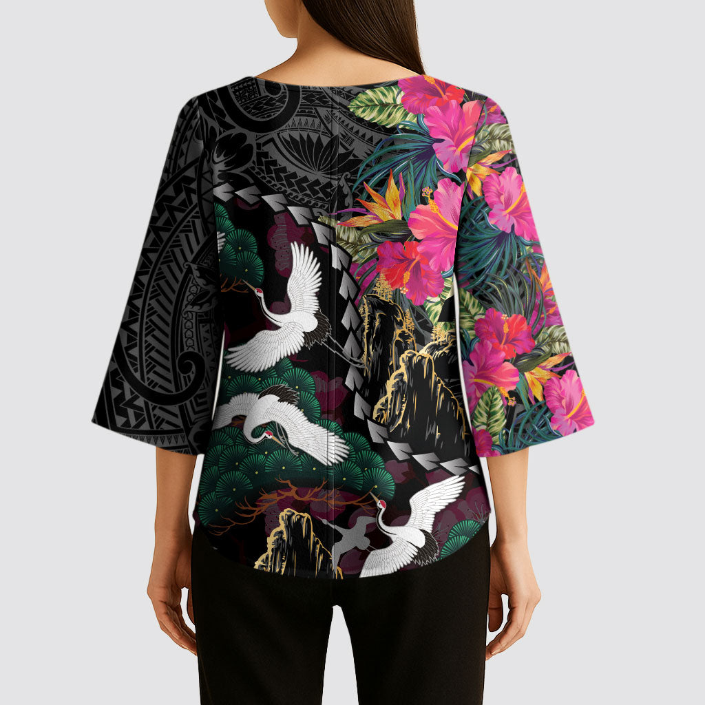 Hawaiian and Japanese Culture Kimono Sleeve Blouse Crane Sakura Hibiscus Tropical Vibes