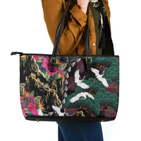 Hawaiian and Japanese Culture Leather Tote Bag Crane Sakura Hibiscus Tropical Vibes