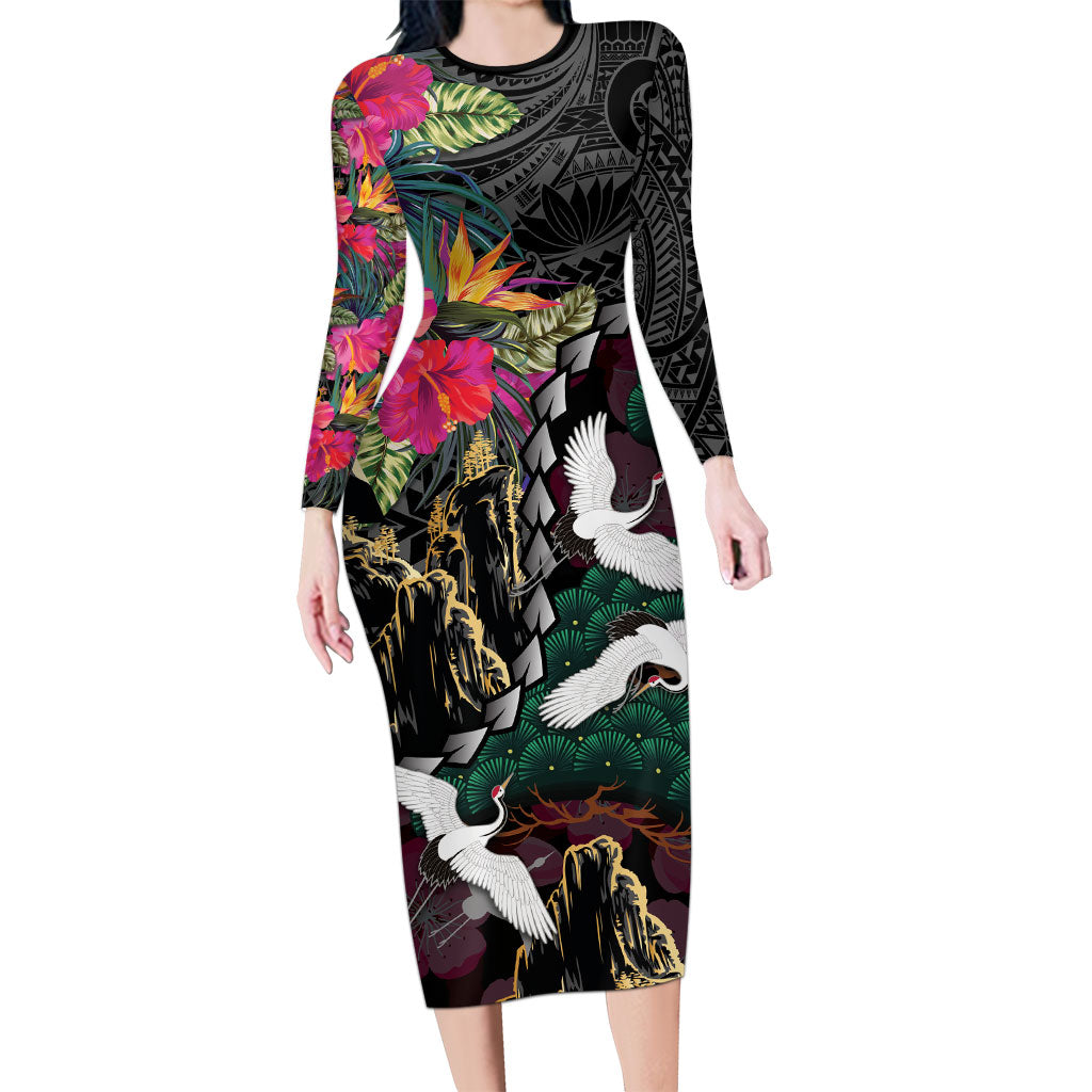 Hawaiian and Japanese Culture Long Sleeve Bodycon Dress Crane Sakura Hibiscus Tropical Vibes