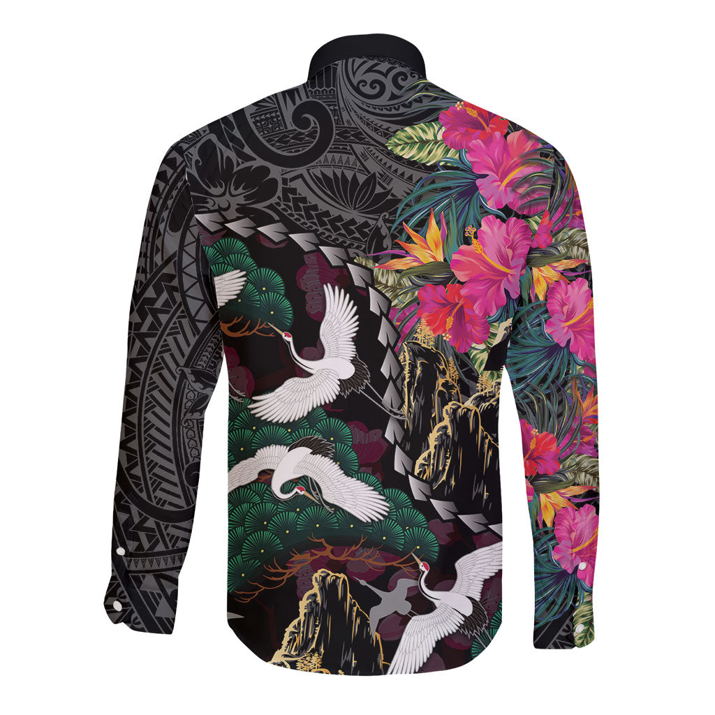 Hawaiian and Japanese Culture Long Sleeve Button Shirt Crane Sakura Hibiscus Tropical Vibes