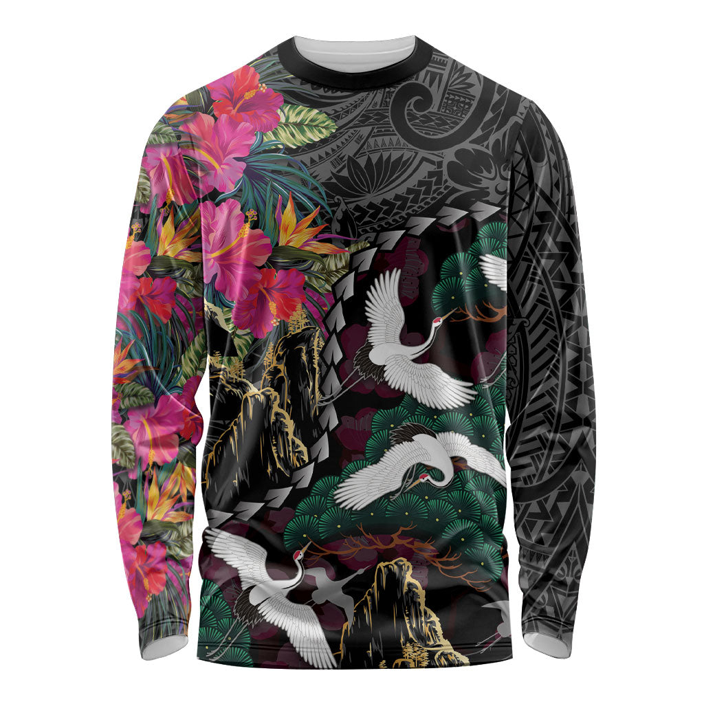 Hawaiian and Japanese Culture Long Sleeve Shirt Crane Sakura Hibiscus Tropical Vibes LT14 Unisex Black - Polynesian Pride