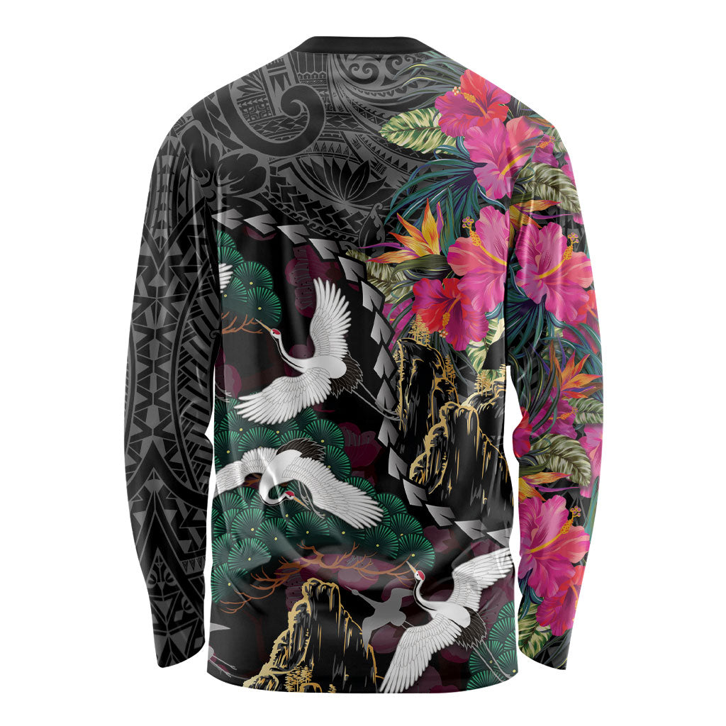 Hawaiian and Japanese Culture Long Sleeve Shirt Crane Sakura Hibiscus Tropical Vibes