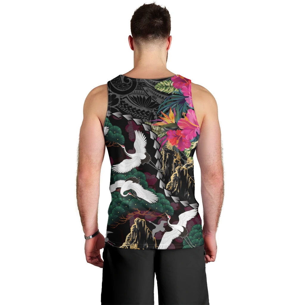 Hawaiian and Japanese Culture Men Tank Top Crane Sakura Hibiscus Tropical Vibes