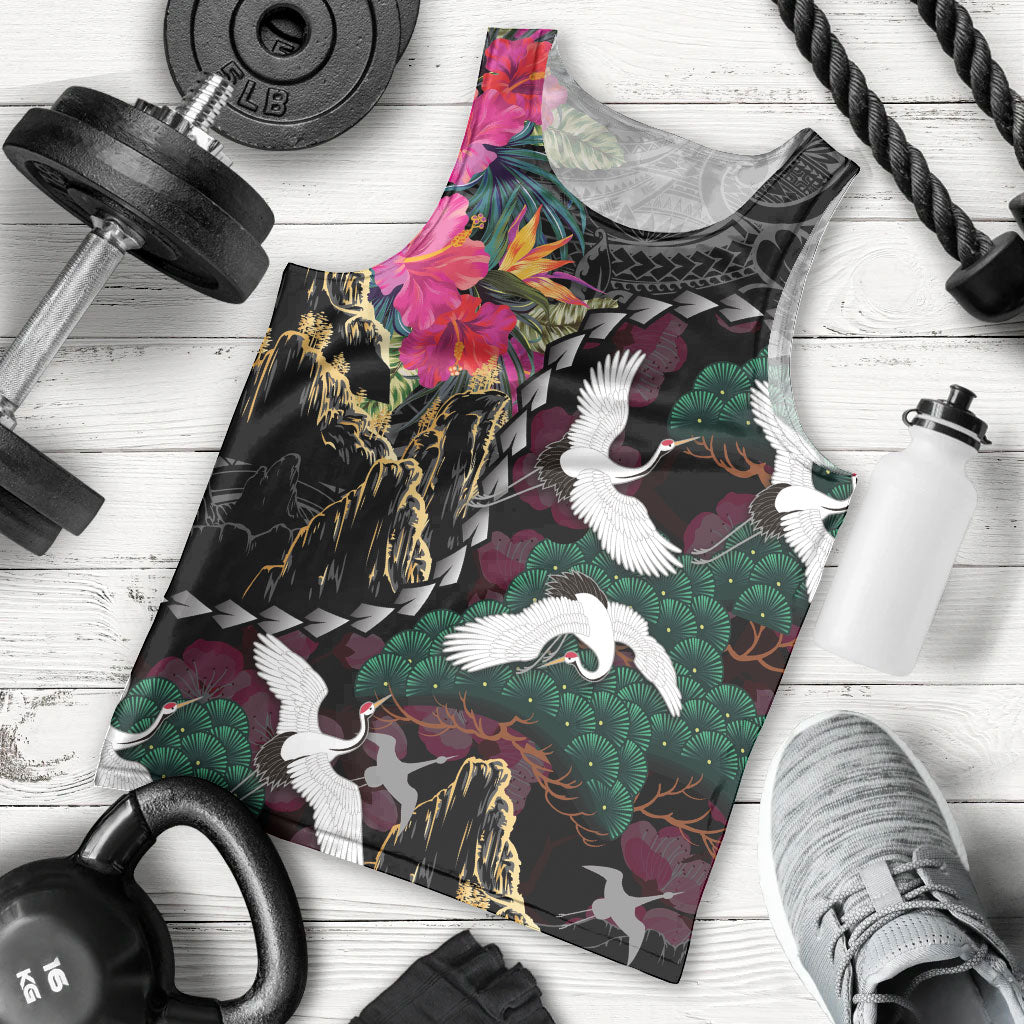 Hawaiian and Japanese Culture Men Tank Top Crane Sakura Hibiscus Tropical Vibes