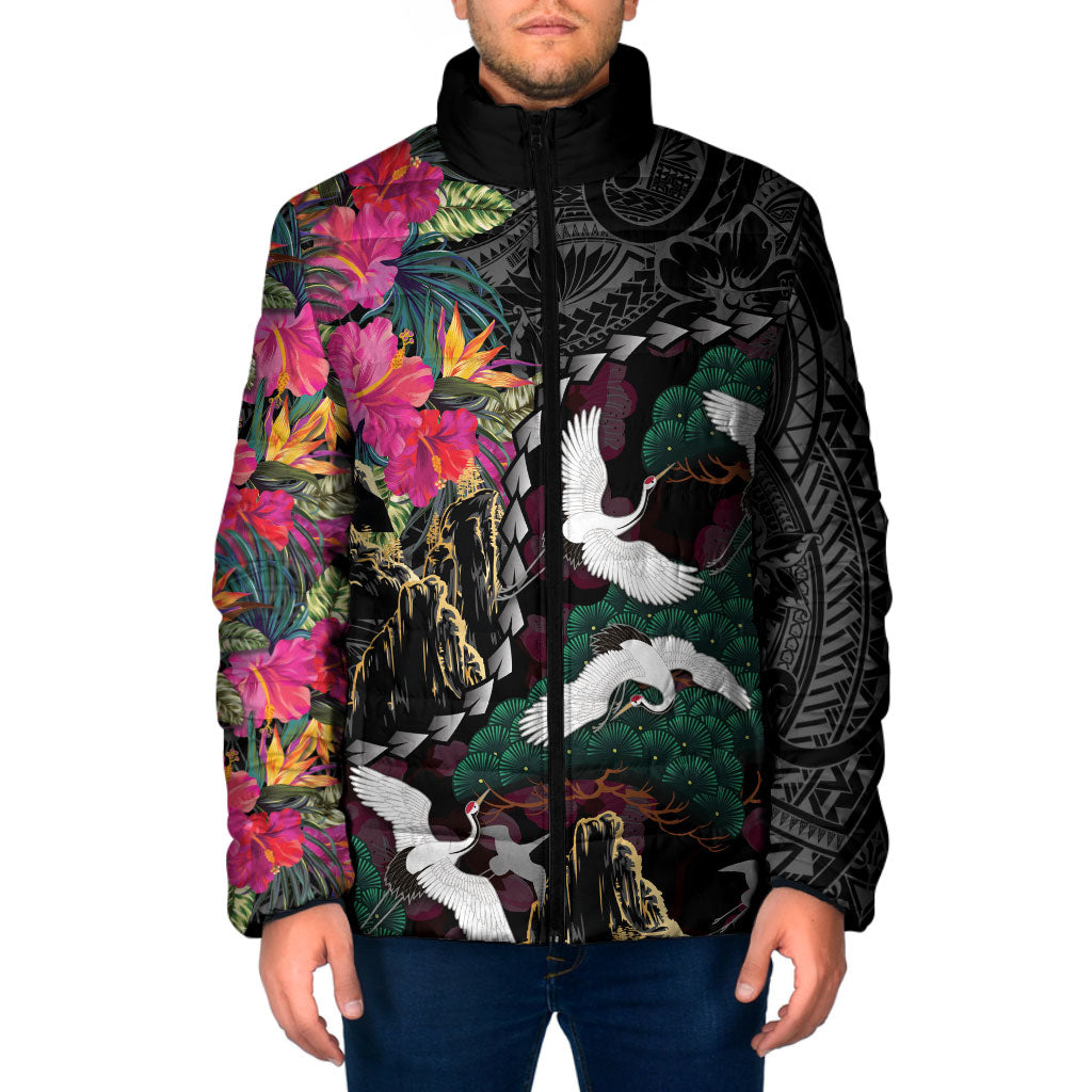 Hawaiian and Japanese Culture Padded Jacket Crane Sakura Hibiscus Tropical Vibes LT14 Men Black - Polynesian Pride