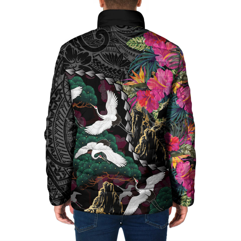 Hawaiian and Japanese Culture Padded Jacket Crane Sakura Hibiscus Tropical Vibes