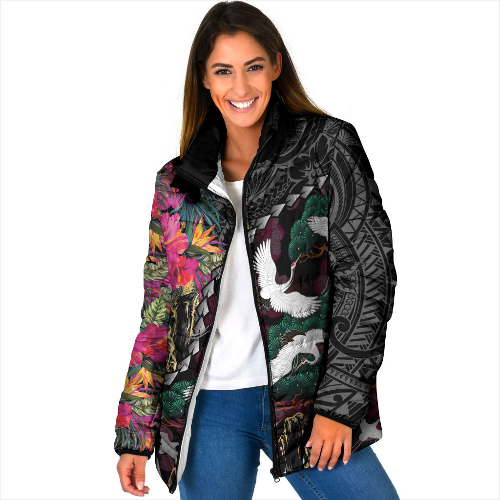 Hawaiian and Japanese Culture Padded Jacket Crane Sakura Hibiscus Tropical Vibes