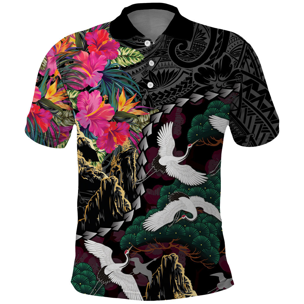 Hawaiian and Japanese Culture Polo Shirt Crane Sakura Hibiscus Tropical Vibes