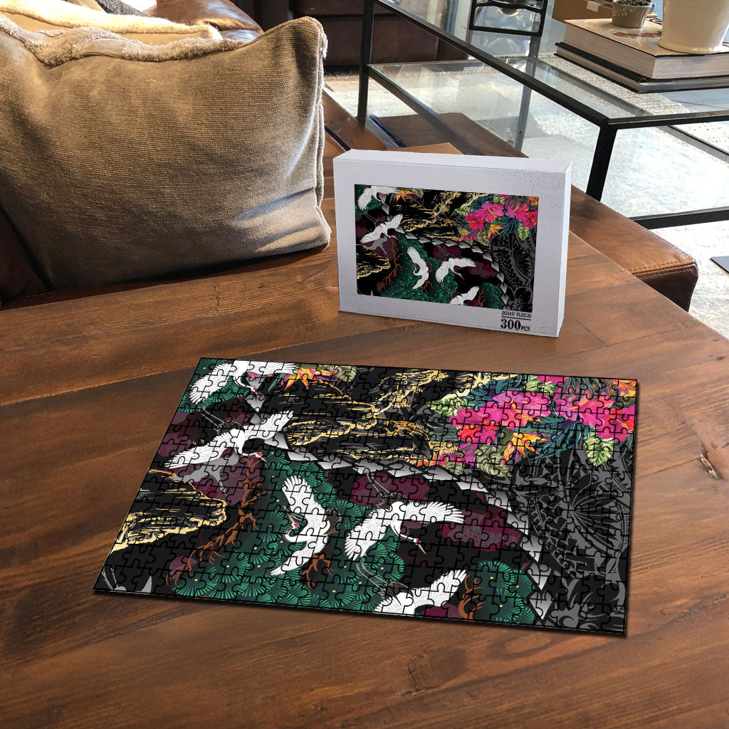 Hawaiian and Japanese Culture Puzzle Crane Sakura Hibiscus Tropical Vibes