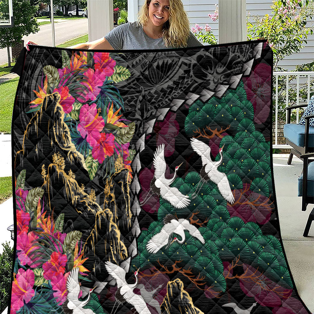 Hawaiian and Japanese Culture Quilt Crane Sakura Hibiscus Tropical Vibes LT14 Black - Polynesian Pride