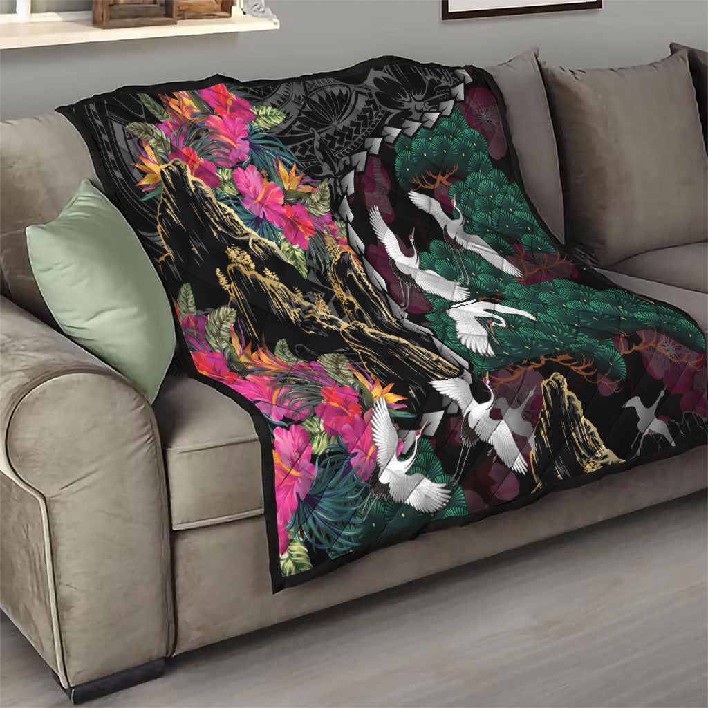 Hawaiian and Japanese Culture Quilt Crane Sakura Hibiscus Tropical Vibes