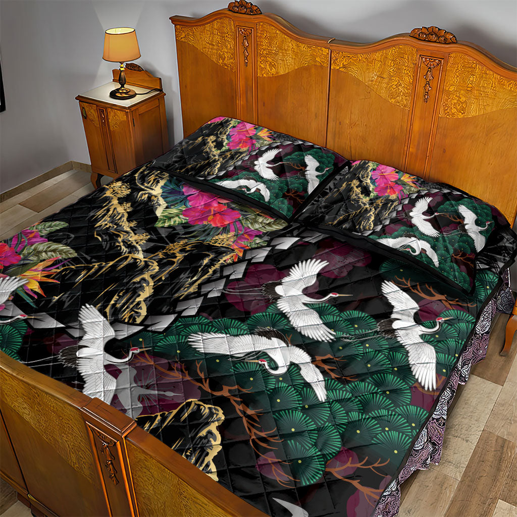 Hawaiian and Japanese Culture Quilt Bed Set Crane Sakura Hibiscus Tropical Vibes