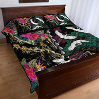 Hawaiian and Japanese Culture Quilt Bed Set Crane Sakura Hibiscus Tropical Vibes