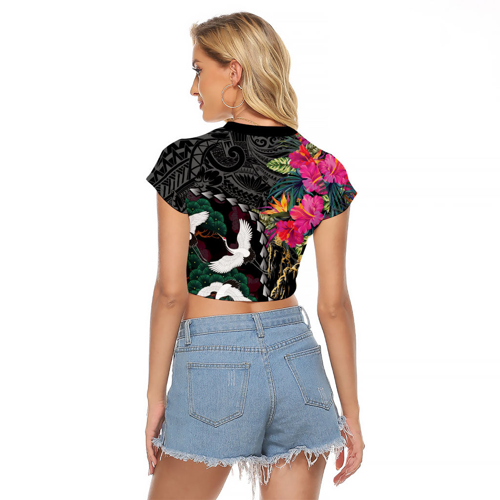 Hawaiian and Japanese Culture Raglan Cropped T Shirt Crane Sakura Hibiscus Tropical Vibes