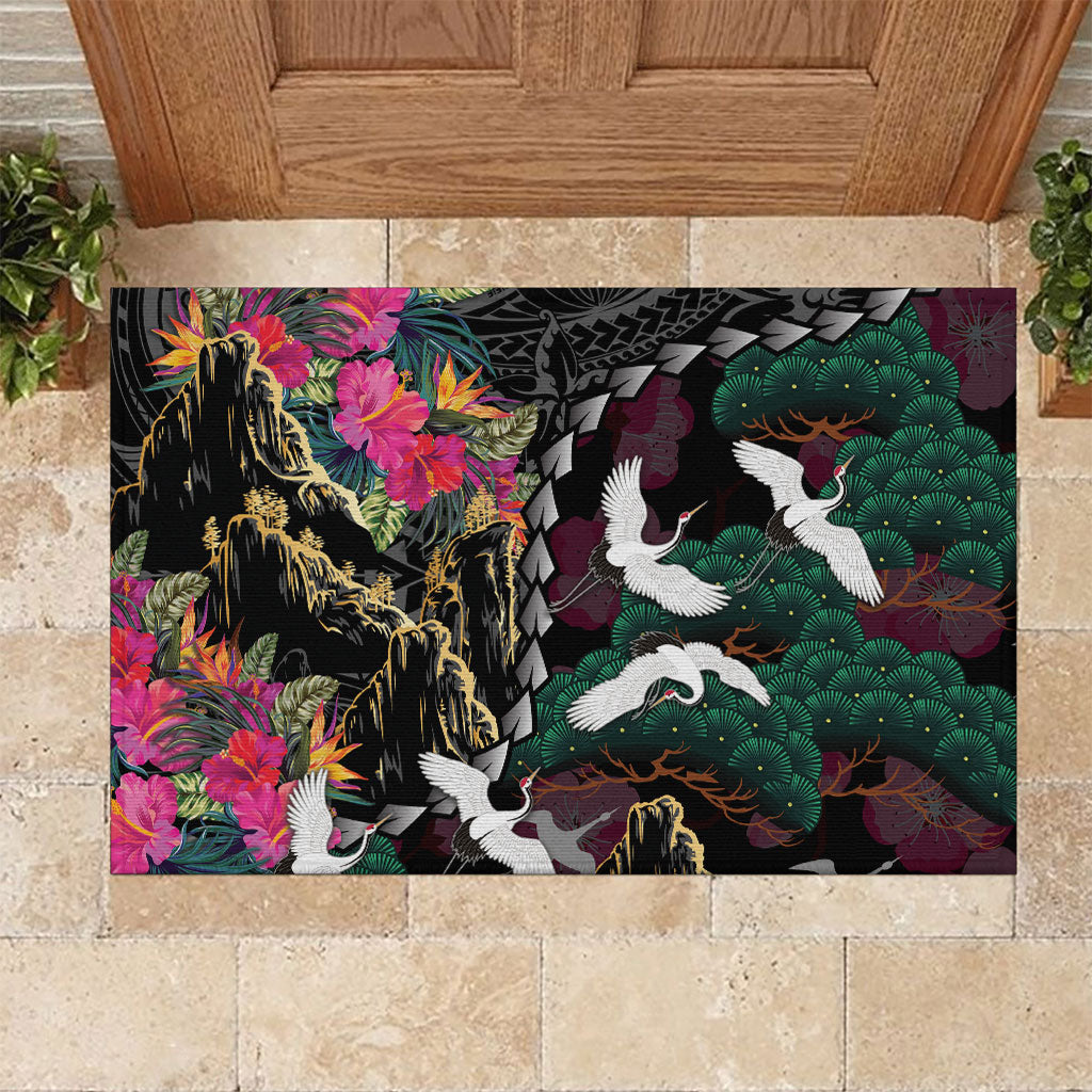 Hawaiian and Japanese Culture Rubber Doormat Crane Sakura Hibiscus Tropical Vibes LT14 Black - Polynesian Pride