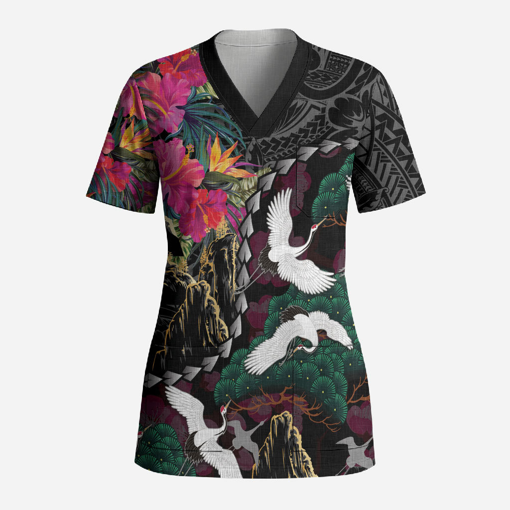 Hawaiian and Japanese Culture Scrub Top Crane Sakura Hibiscus Tropical Vibes LT14 Adult Black - Polynesian Pride