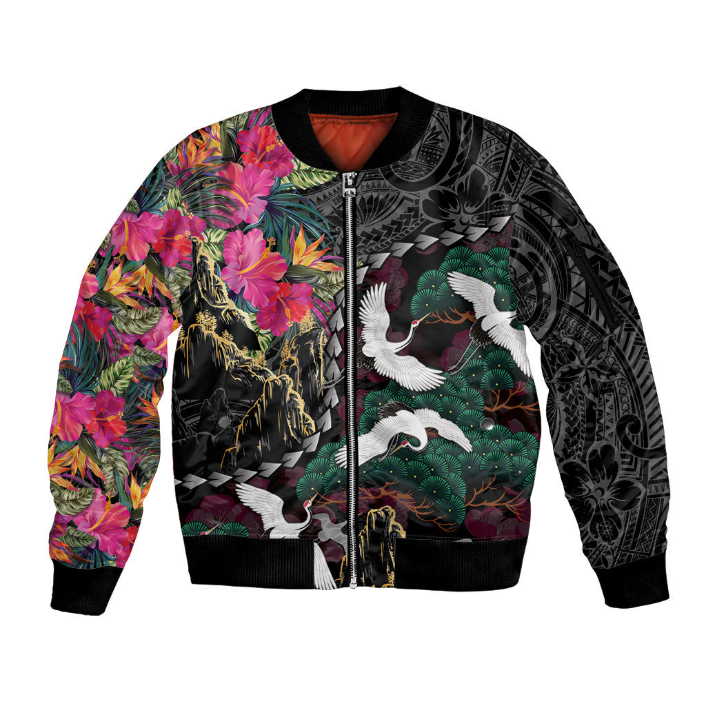 Hawaiian and Japanese Culture Sleeve Zip Bomber Jacket Crane Sakura Hibiscus Tropical Vibes LT14 Unisex Black - Polynesian Pride