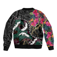 Hawaiian and Japanese Culture Sleeve Zip Bomber Jacket Crane Sakura Hibiscus Tropical Vibes