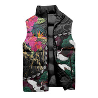 Hawaiian and Japanese Culture Sleeveless Puffer Jacket Crane Sakura Hibiscus Tropical Vibes