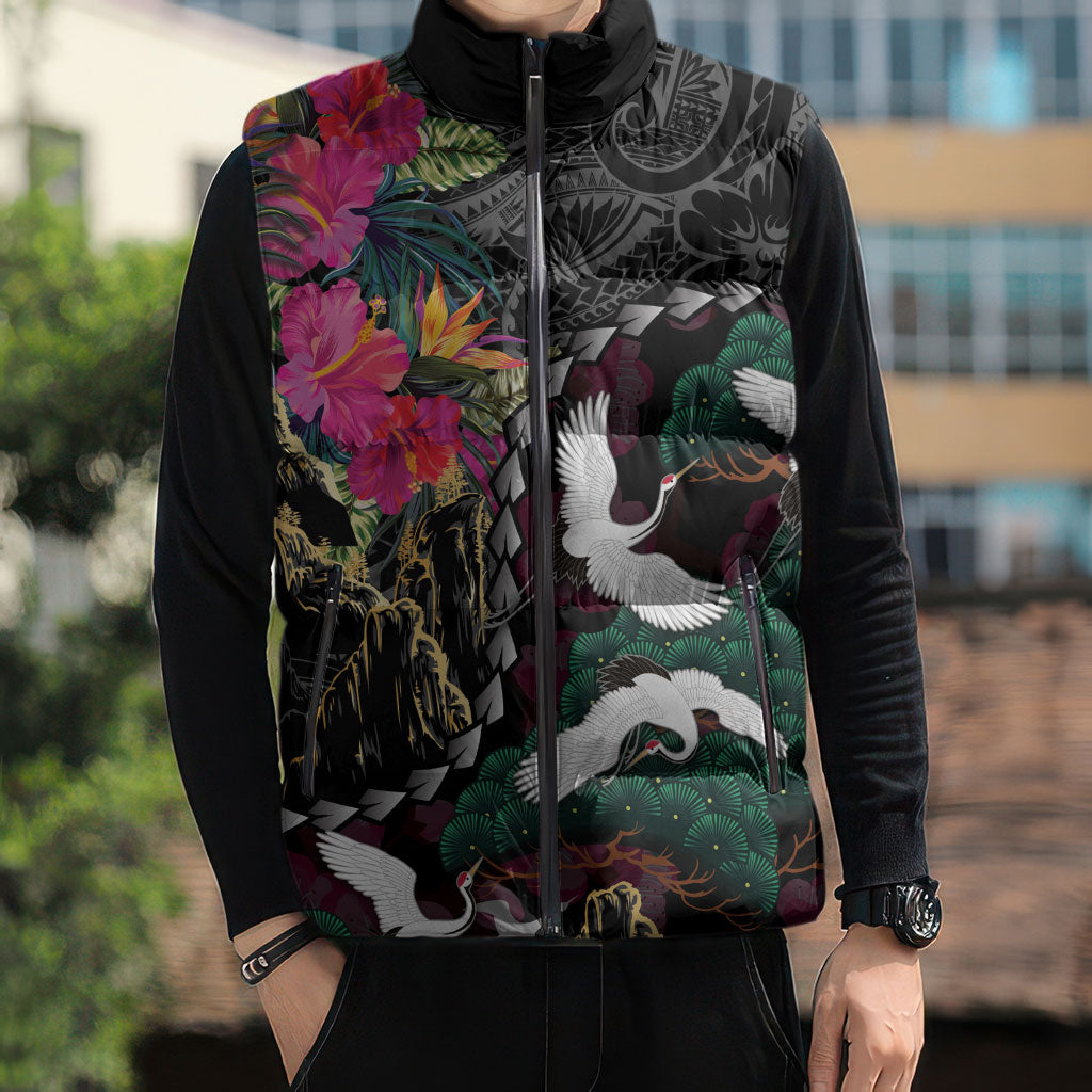 Hawaiian and Japanese Culture Sleeveless Puffer Jacket Crane Sakura Hibiscus Tropical Vibes