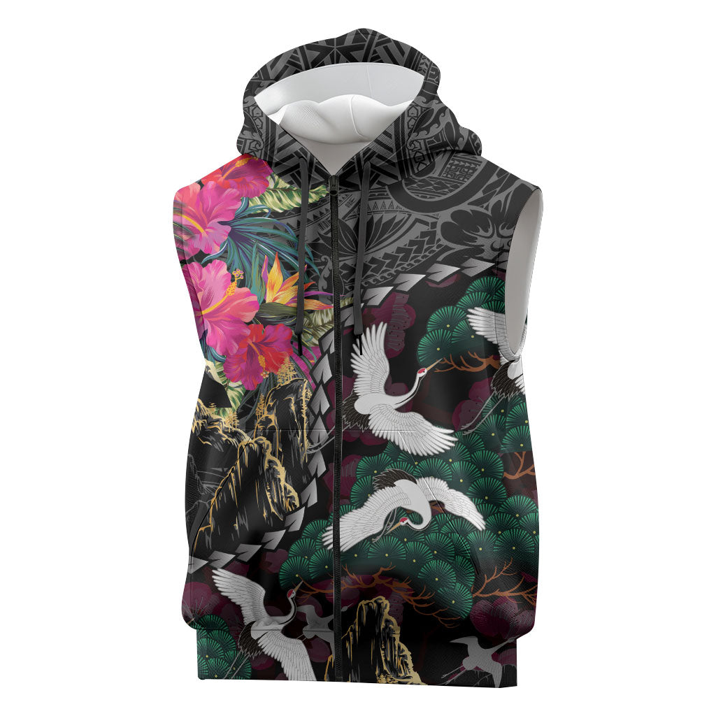 Hawaiian and Japanese Culture Sleeveless Zip Hoodie Crane Sakura Hibiscus Tropical Vibes